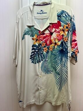 Tommy Bahama Cream Tropical Floral Camp Shirt with Red & Yellow Hibiscus